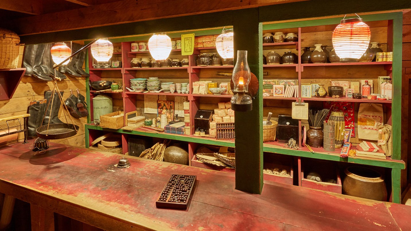 Chinese bottles sit on wooden shelves.