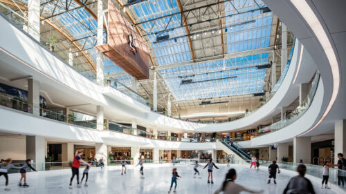 A skate rink inside a shopping mall.