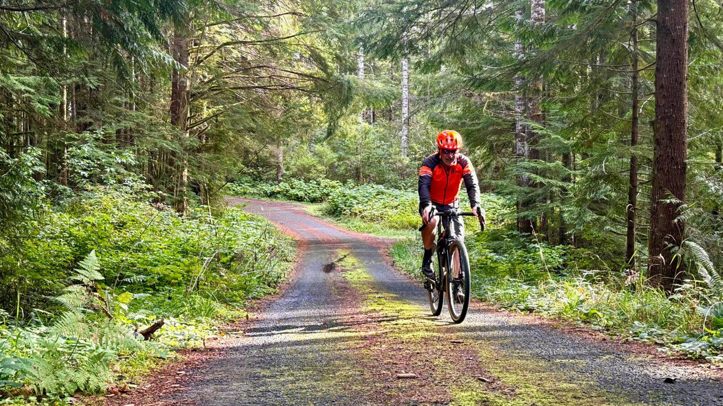 A person bikes a gravel road through a forest.