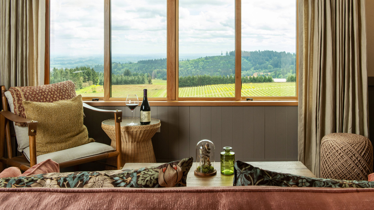 A small decorated living area and windows overlooking a vineyard.