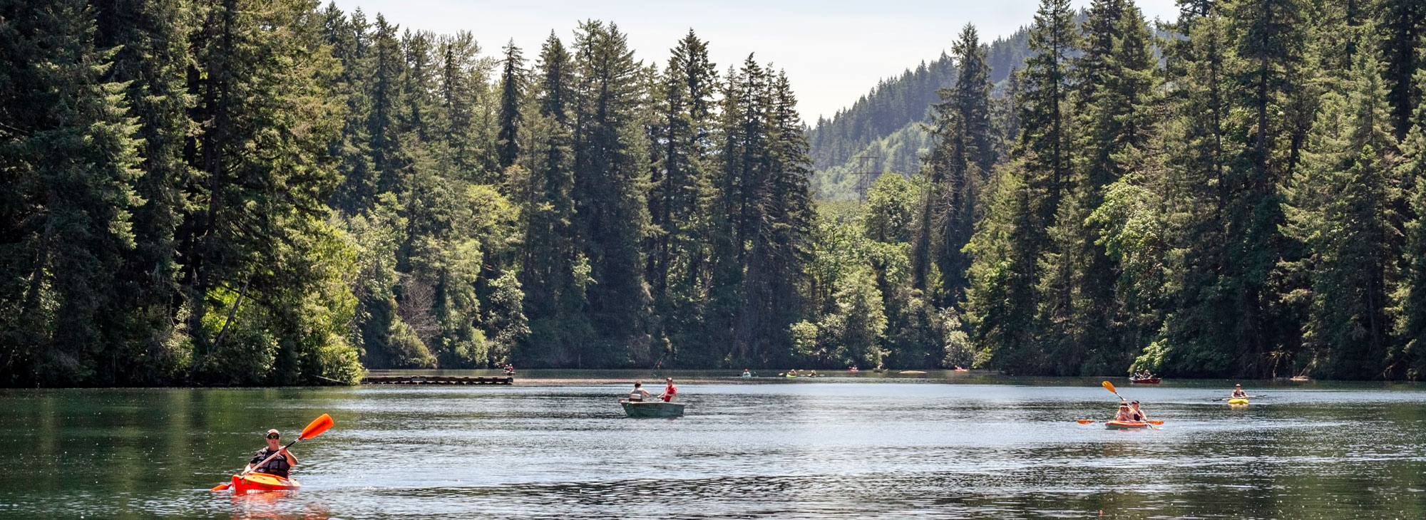 Several kayakers and boaters on calm waters at Milo McIver State Park.