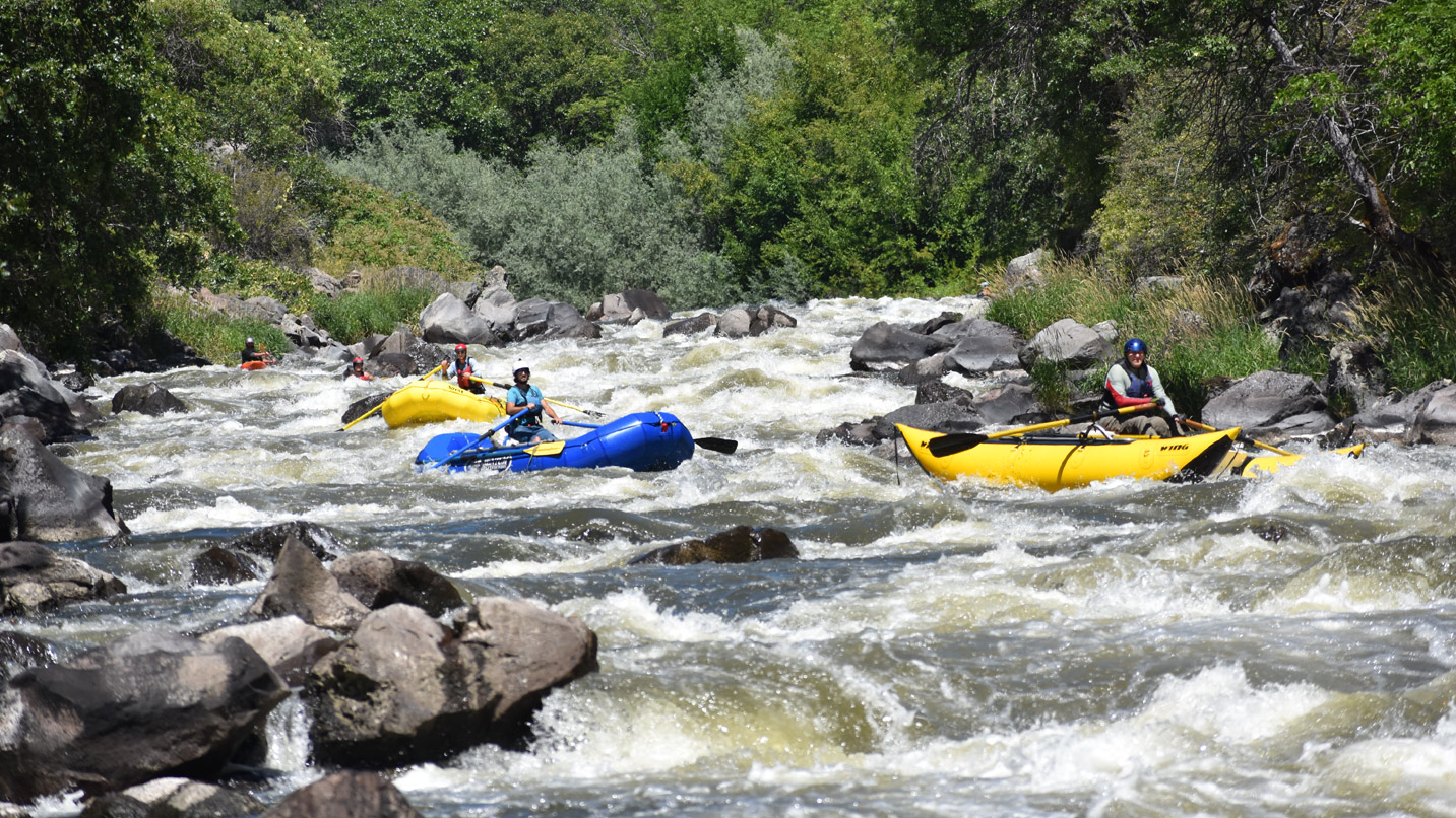 Multiple rafting boats navigate a narrow canyon of rapids.