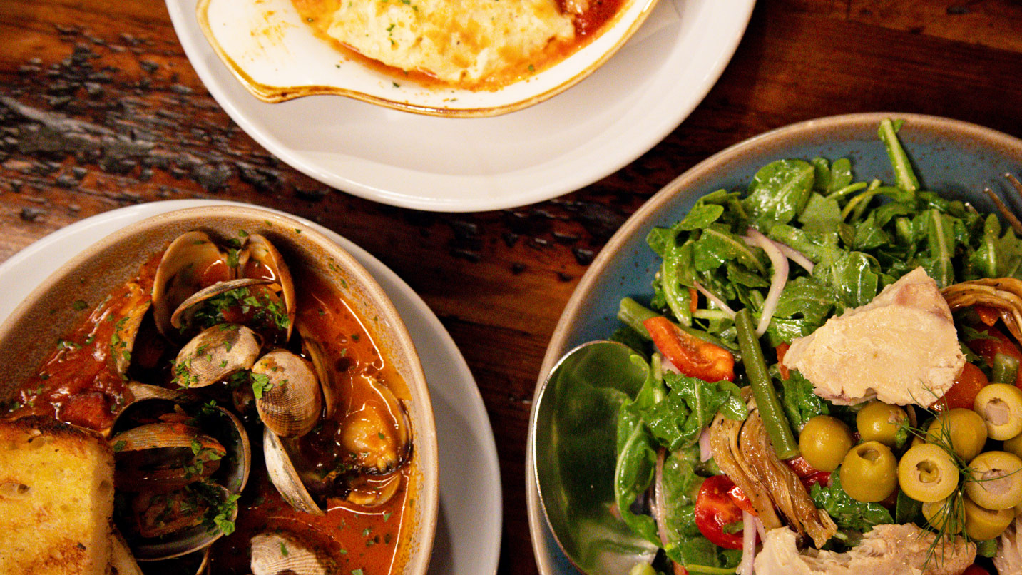 Plates of food on a table.