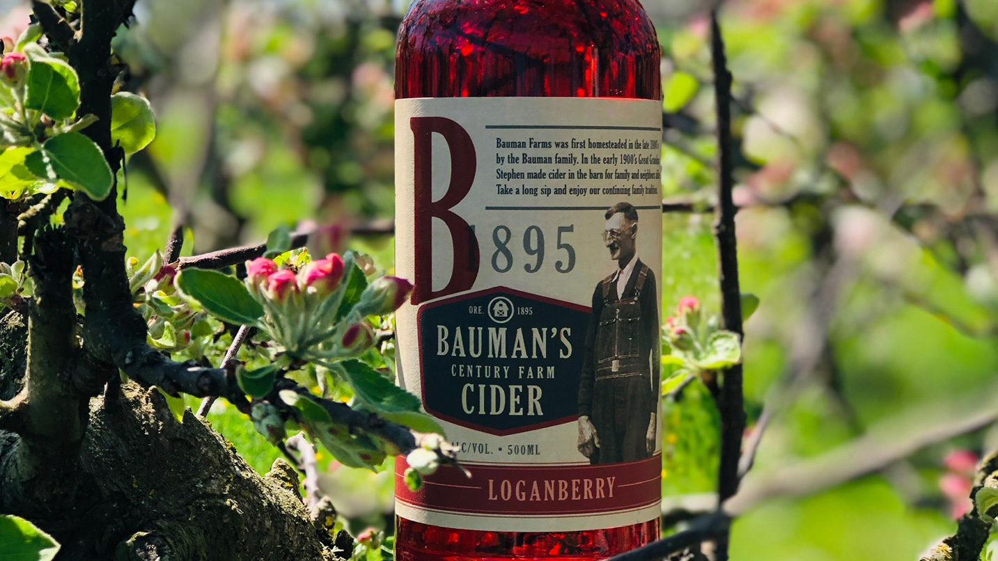 A bootle of Bauman's Century Farm Cider in Loganberry, a deep red cider, against a blooming tree backdrop.