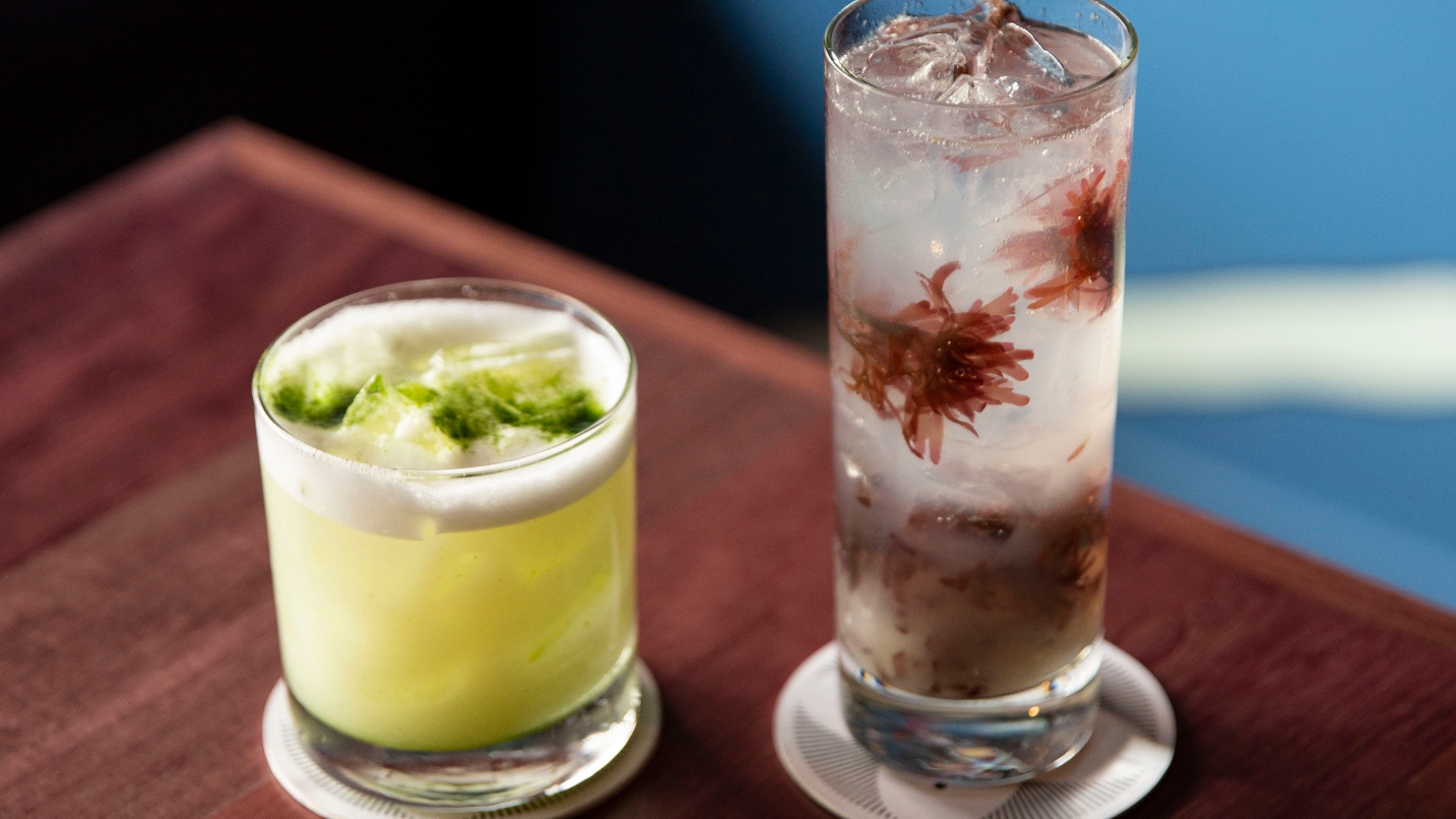 A tall glass of water-like liquid holds seaweed floating around, and a shorter glass holds a green frothy liquid on a table