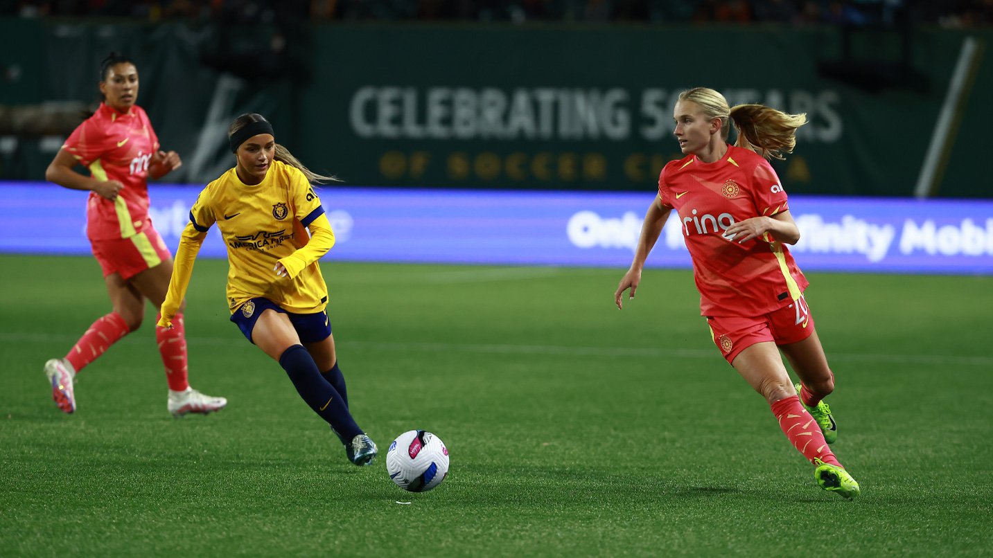 Women soccer players on the pitch.