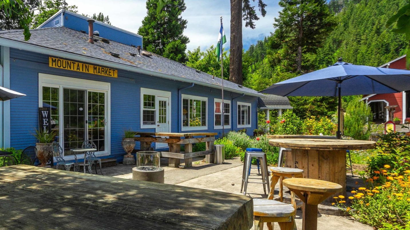 Exterior and outdoor seating area of a blue restaurant.