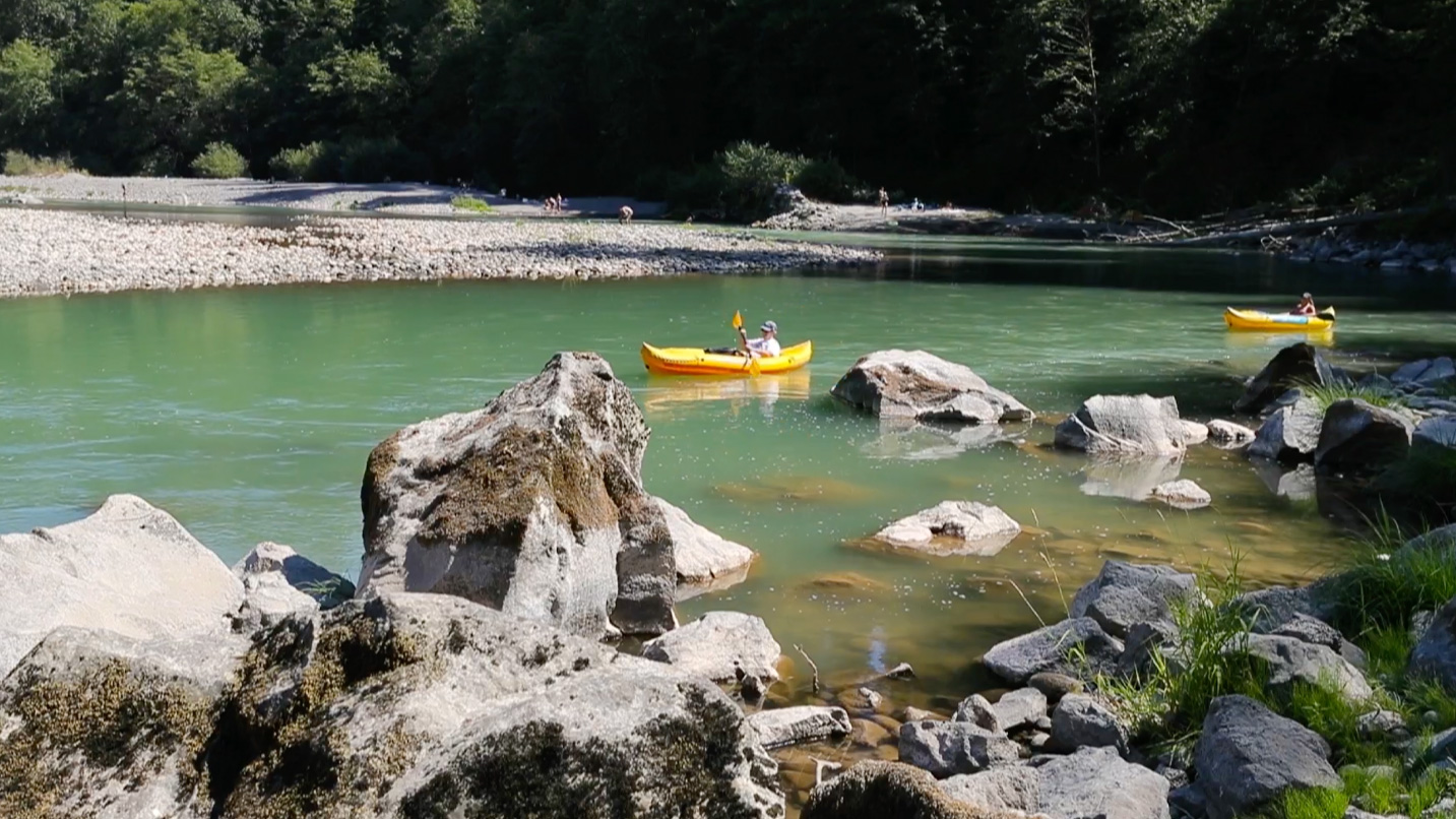 Kayakers on a calm river on a sunny day.