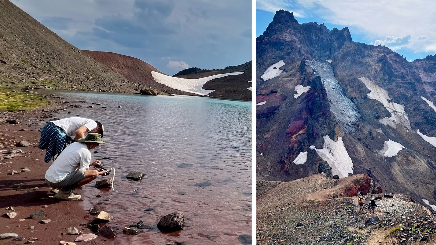 Picture on left is people filling their water bottles in a lake; pictured on right are hikers on a mountain's ridgeline.