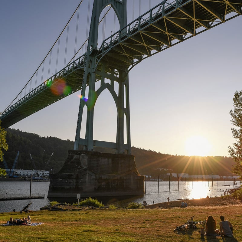 People picnic in the grass under a majestic bridge.