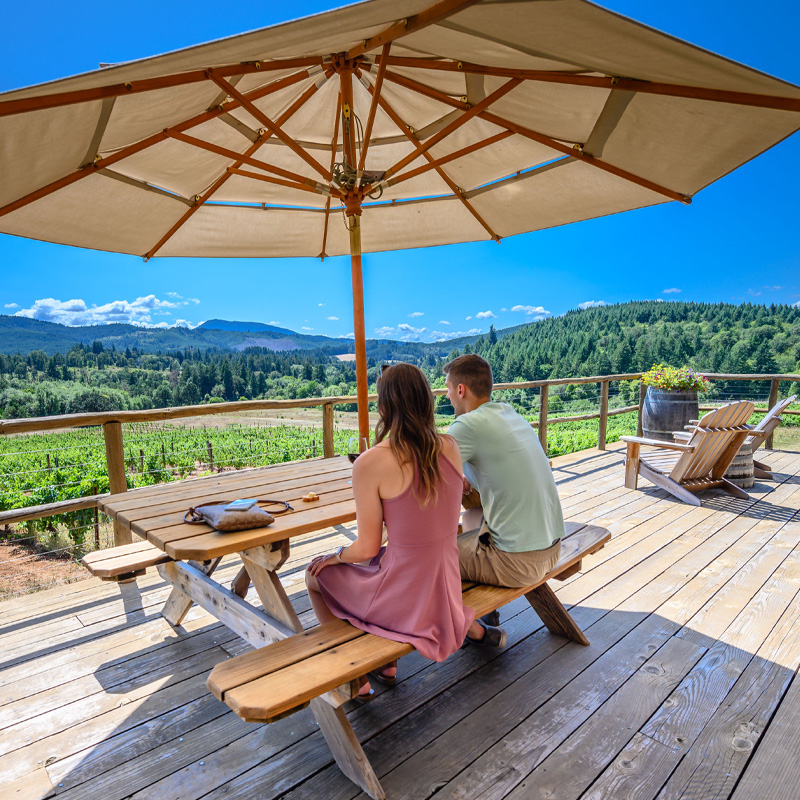A couple sits on a patio overlooking vineyards.