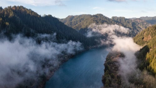 An overview of a river winding through hills.