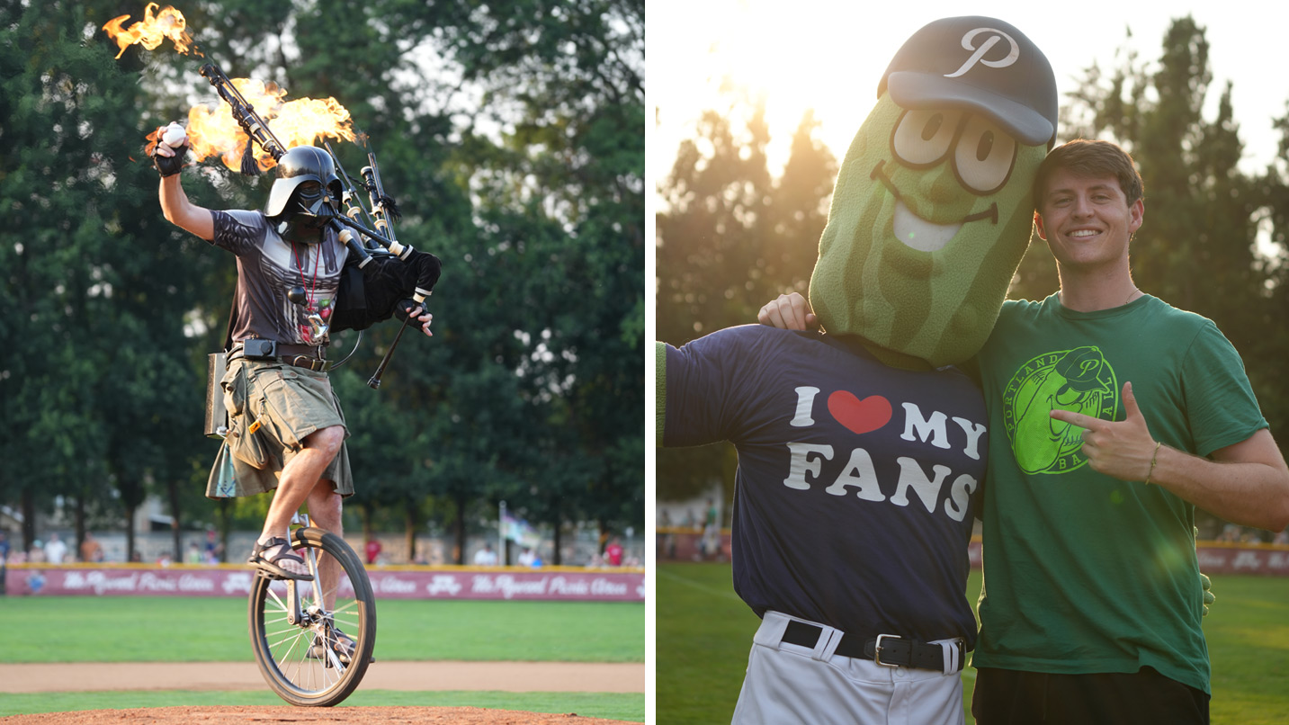 Two images side by side. Left: man on a unicycle wearing a Darth Vader mask while playing a bagpipe that emits flames gets ready to pitch. Right: A smiling pickle mascot poses for a photo with a young man.