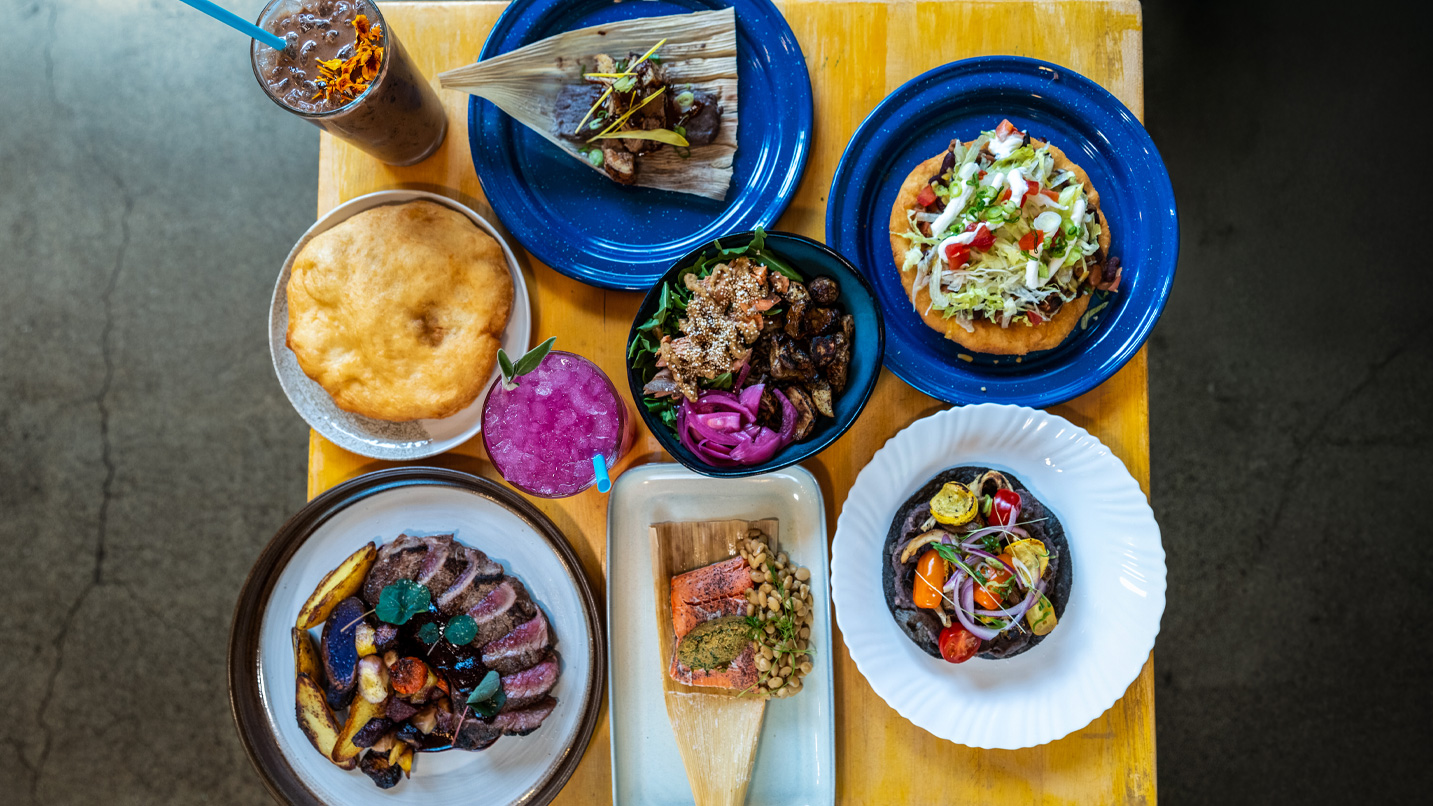 A table with plates of food.