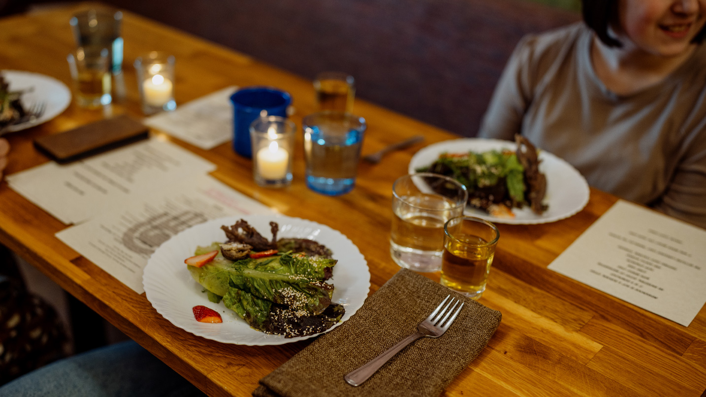 Plates of food on a table.