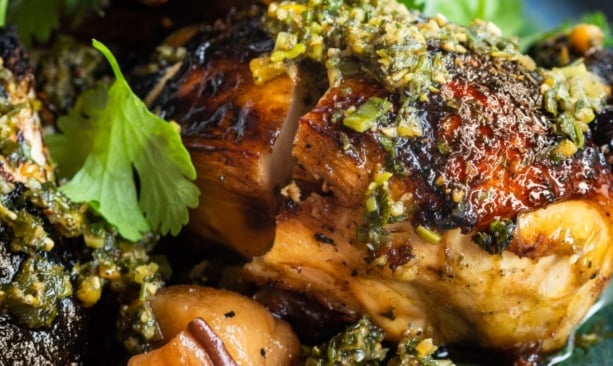chicken with sauce and textured topping