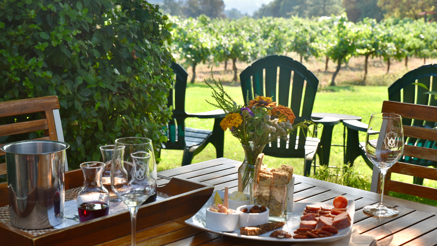 Wine and small plates of food on an outdoor table.