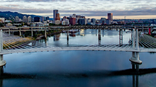 A city landscape from the Willamette River which prominently features Tillikum Bridge and several more bridges and the city skyline in the background.