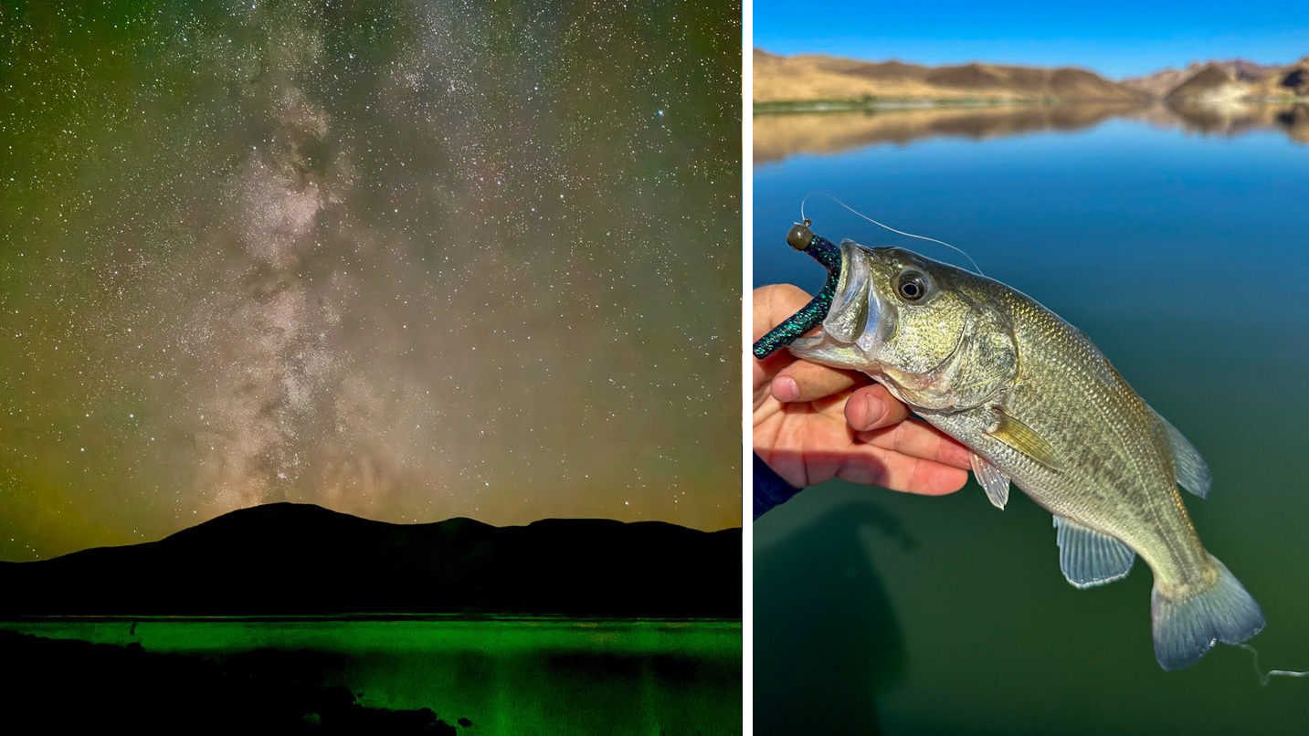 One picture depicts the Milky Way over a lake and the other photo shows a person catching a small fish.