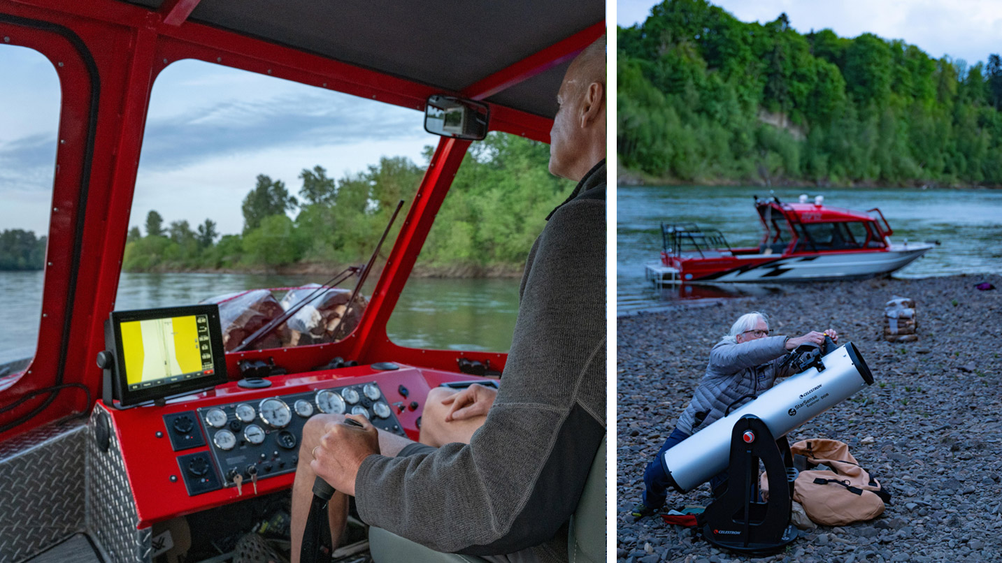 One photo depicts a person steering a boat another shows a telescope set up on a riverside beach.