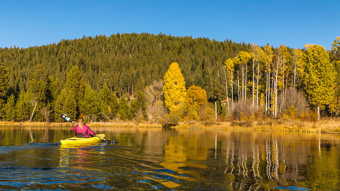 A person kayaks in a lake surrounded by fall foliage.