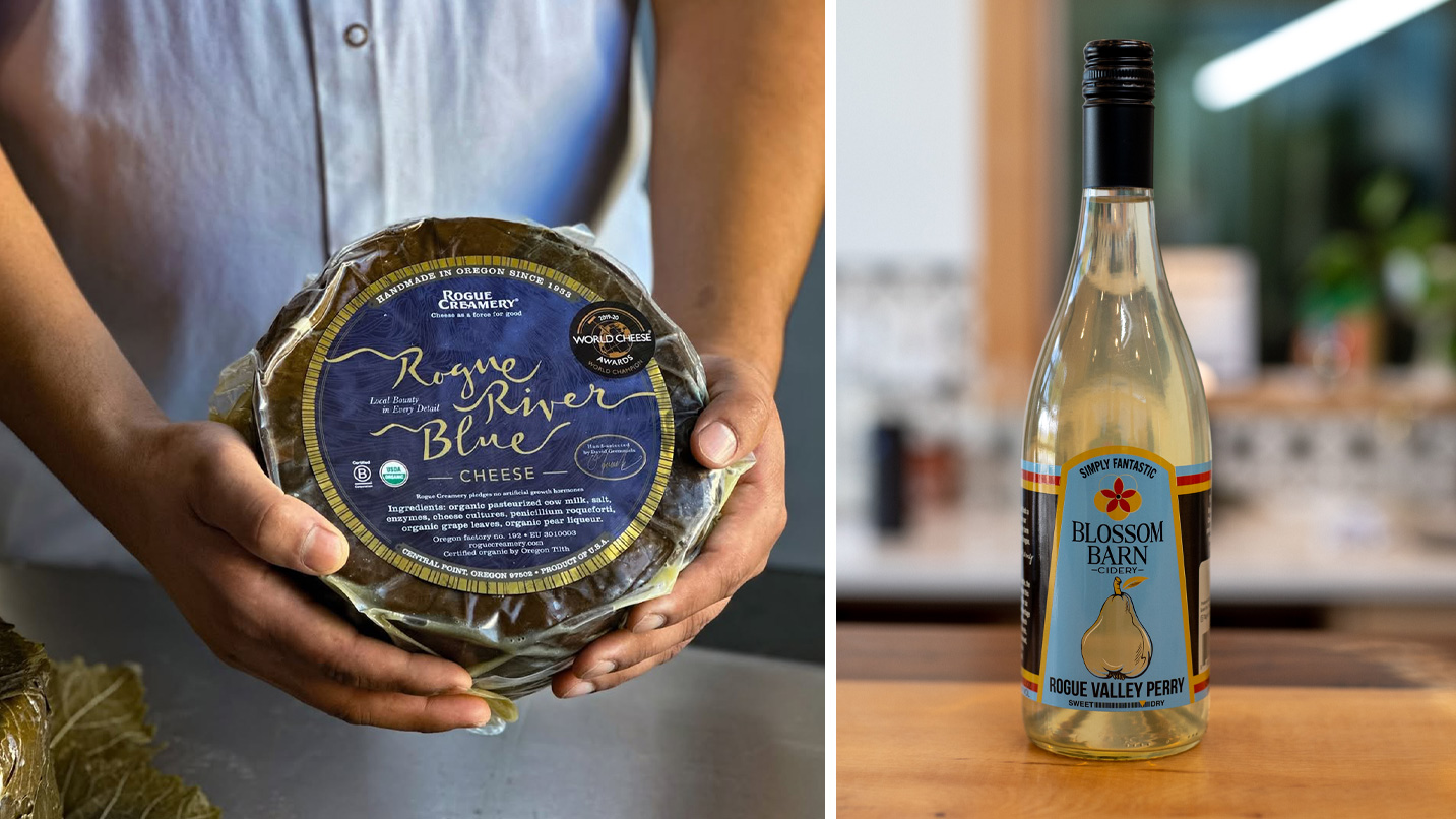 One photo shows a person holding a wheel of cheese and the other showing a bottle of pear perrie.