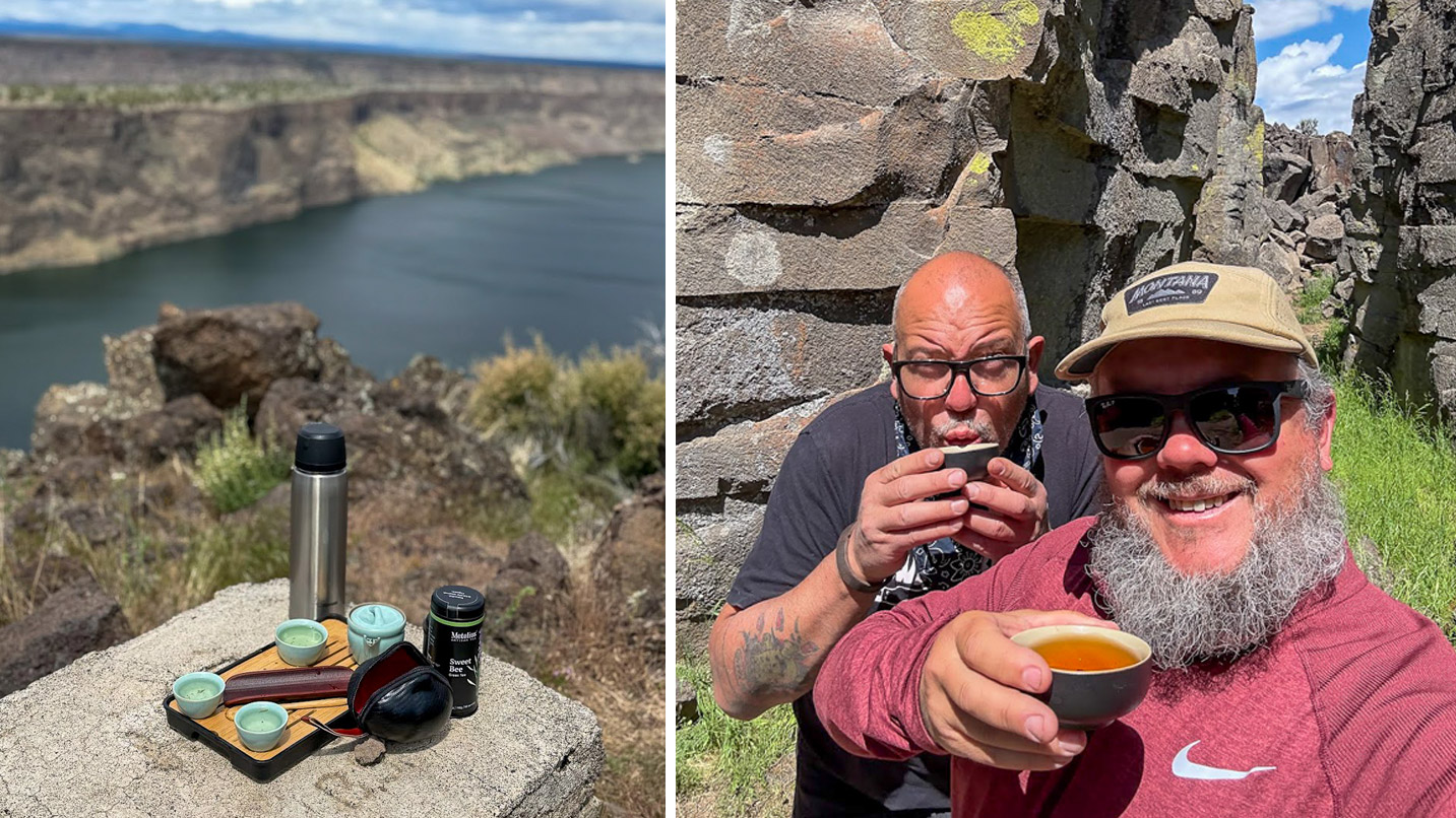 One photo shows tea on a rock above a river and the other shows two people looking at the camera and holding tea.