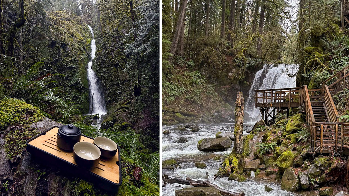 One photo shows tea overlooking a waterfall and the other shows a staircase descending to a waterfall.