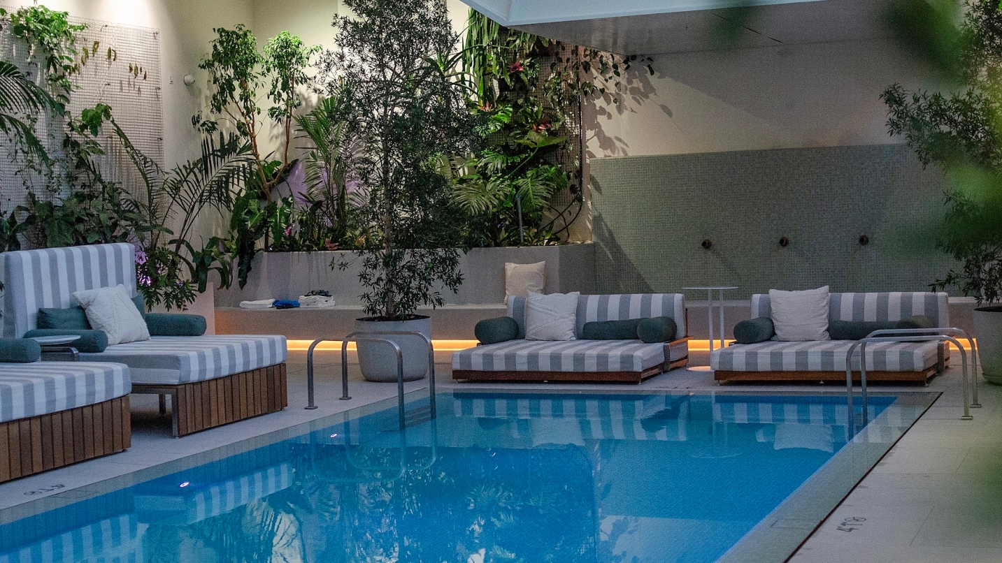 Blue pool with lounge chairs and large plants along the walls