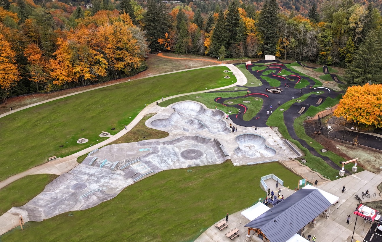 The concrete Sandy skatepark photographed from above.