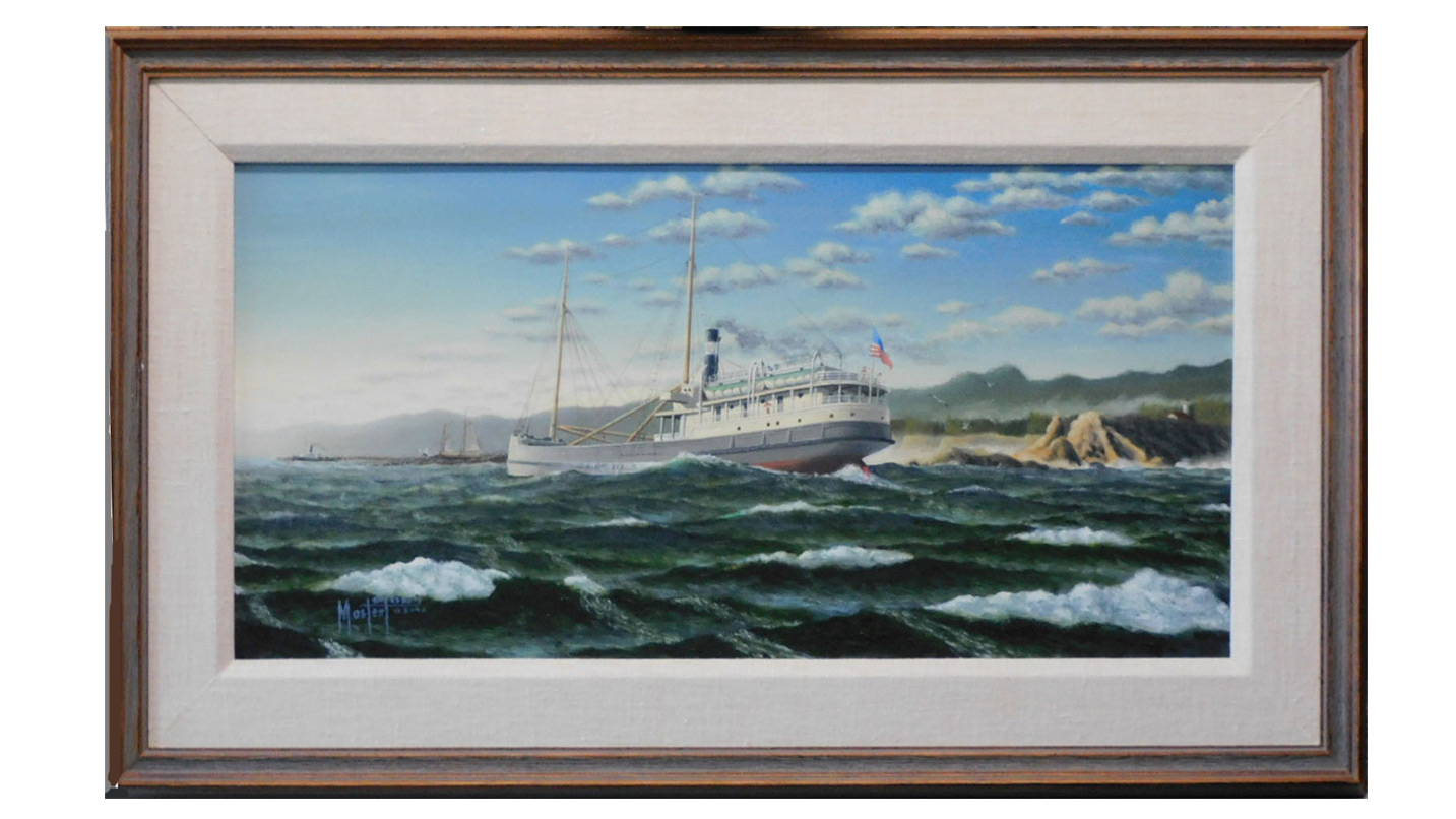 A painting of a ship out at sea.