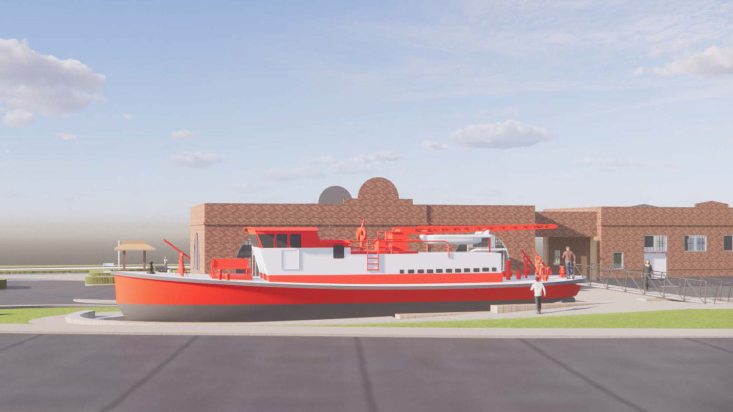A rendering of a boat displayed outside of a museum.