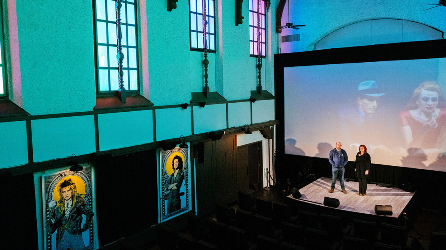 Interior of a small theater.