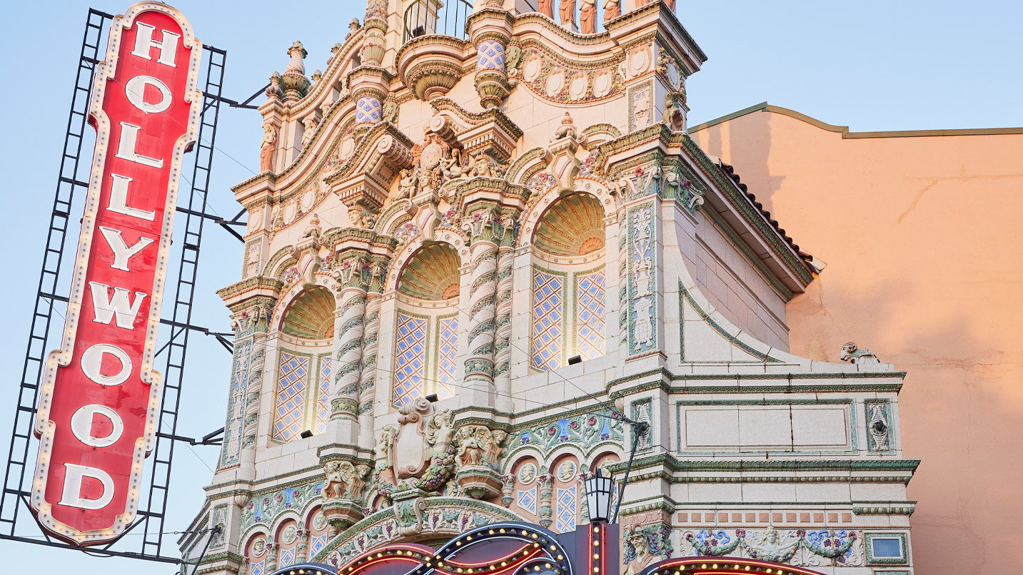 Exterior facade and marquee sign of the Hollywood Theatre