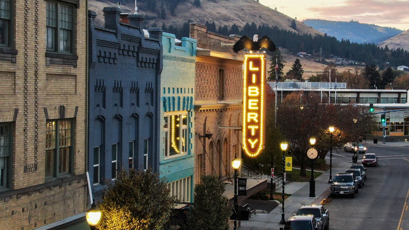 Marquee sign that reads Liberty outside the Liberty Theater.