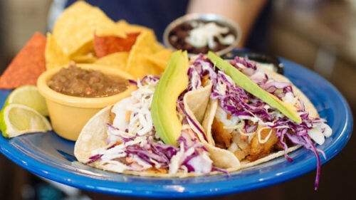 A plate of fish tacos with a side of chips and salsa.