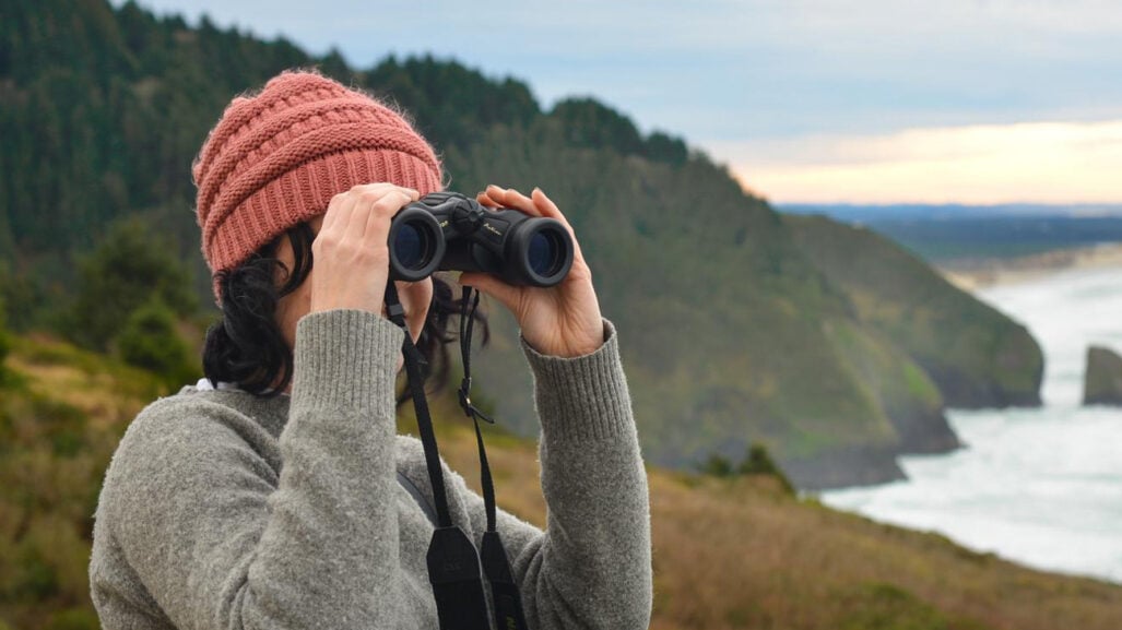A warmly dressed person looks through binoculars at the ocean.