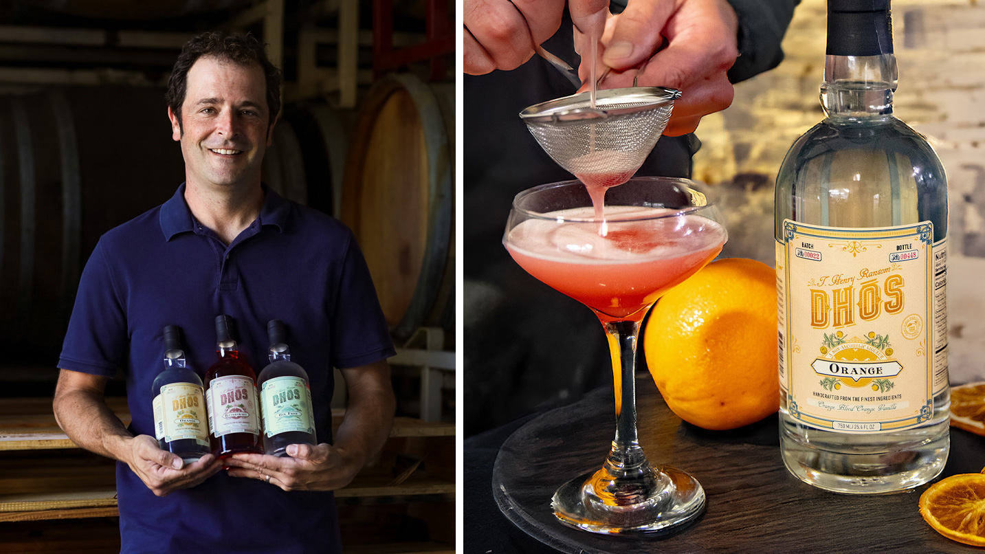Picture on the left shows a man holding bottles; picture on the right show a cocktail being made.
