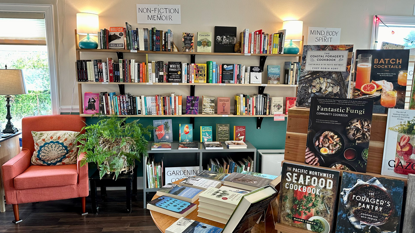 Book display and bookshelves in a bookstore.
