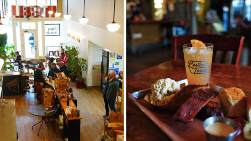 Left hand photo shows an interior cafe and right hand photos show barbecue on a table.