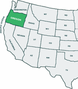 Map of the west half of the U.S. with Oregon highlighted in green to show orientation to other states.