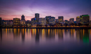pink and purple sunset sky over skyscrapers in Portland Oregon