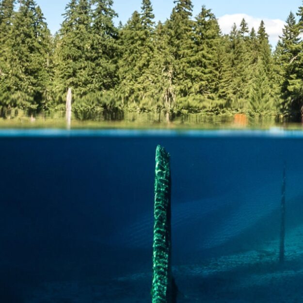 Underwater view of deep blue lake, tree trunks underwater and trees above the surface
