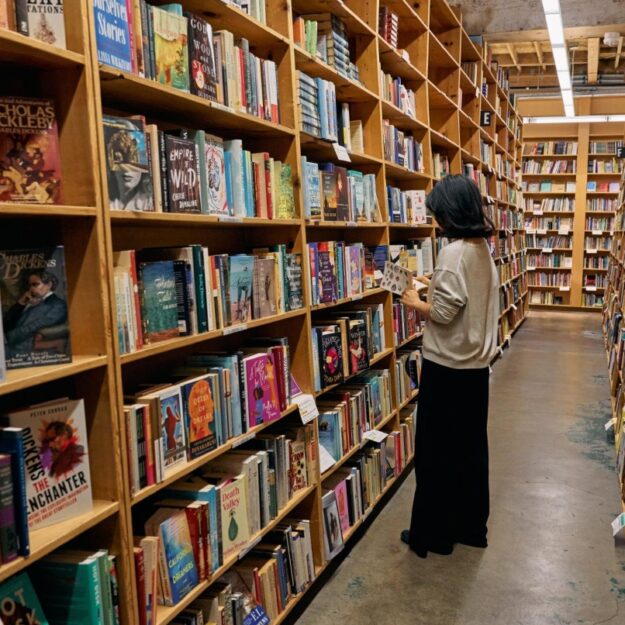 A woman with black hair stands and reads a book between long aisles of books and a high ceiling