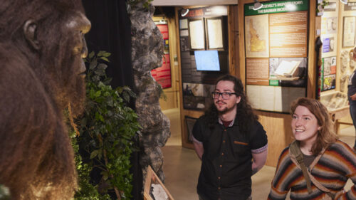 A young man and woman looking at a tall bigfoot statue inside a museum.