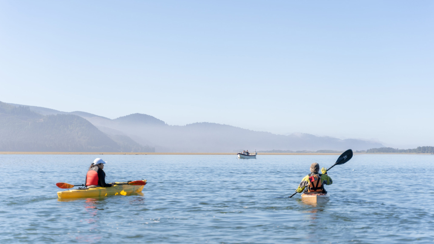 A couple of kayakers in a bay.