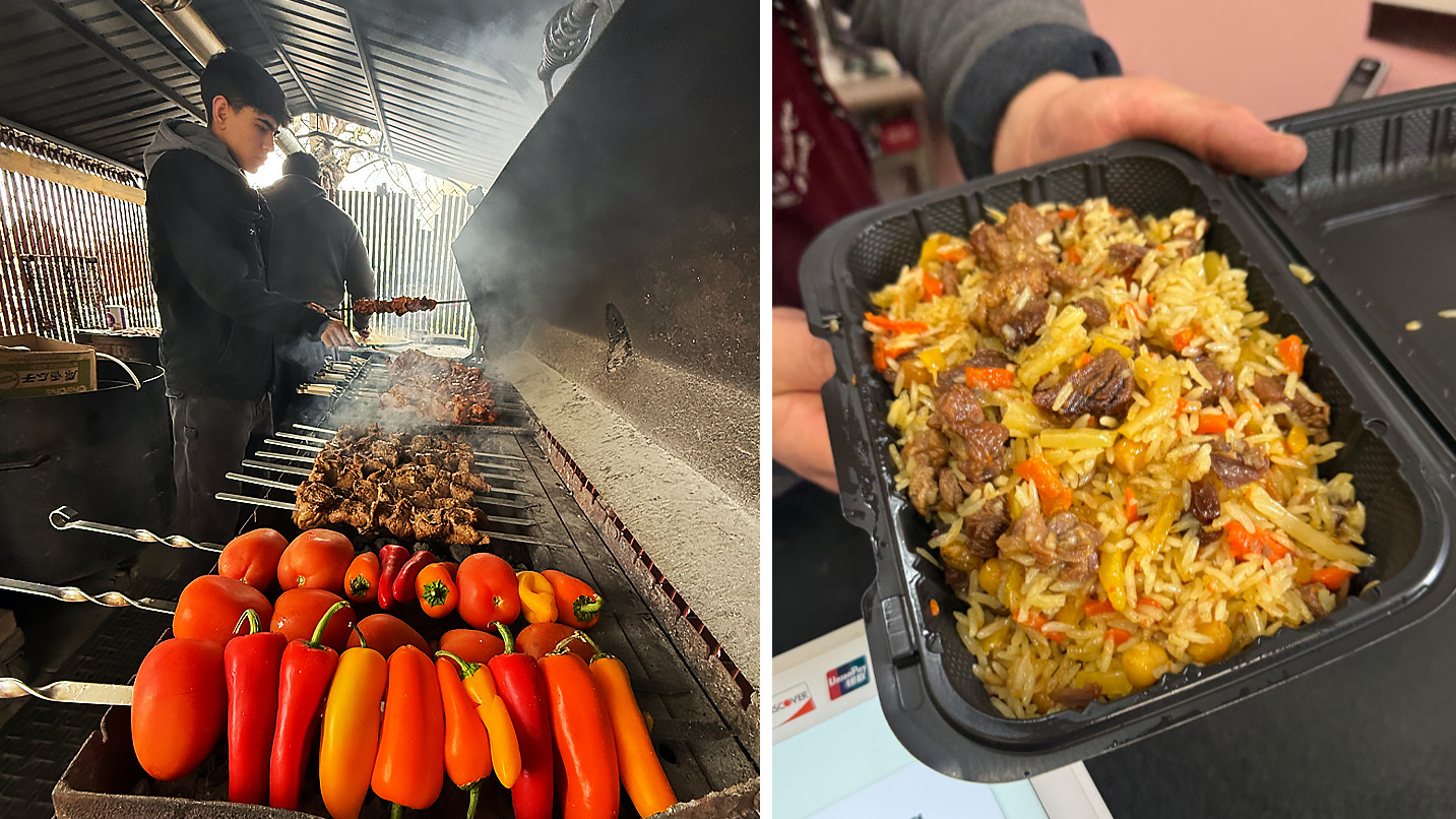 Two collaged images. On the left a young man grills peppers , tomatoes and meat kebabs. On the right, a to-go container with a rice and meat dish.