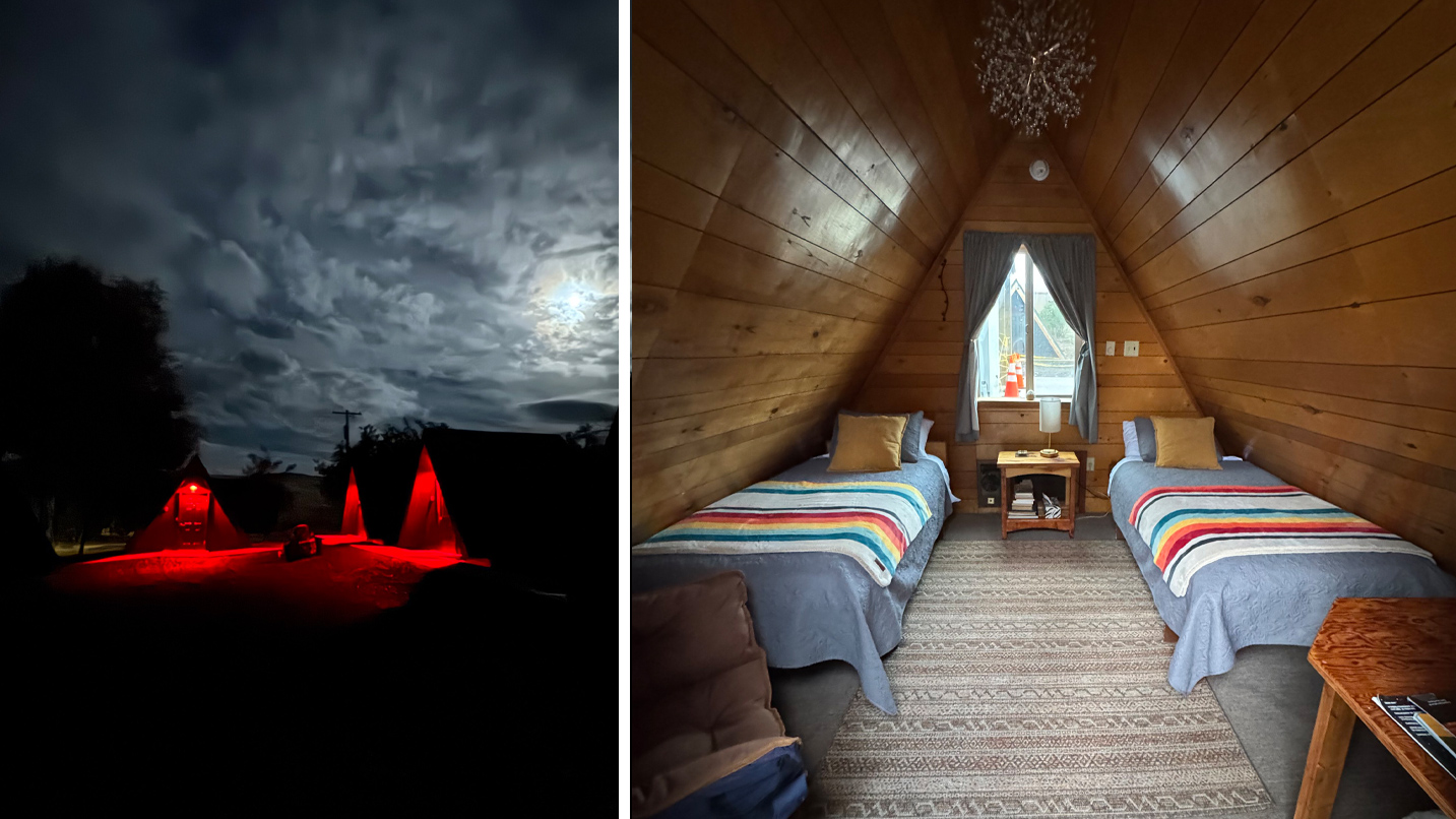 A set of collaged photos. On the left, the exterior of small A-frame cabins with red porch lights at night. On the right, the interior of the cabin, with two twin beds and a small nightstand.