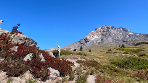 Hikers on a ridge near the top of a mountain.