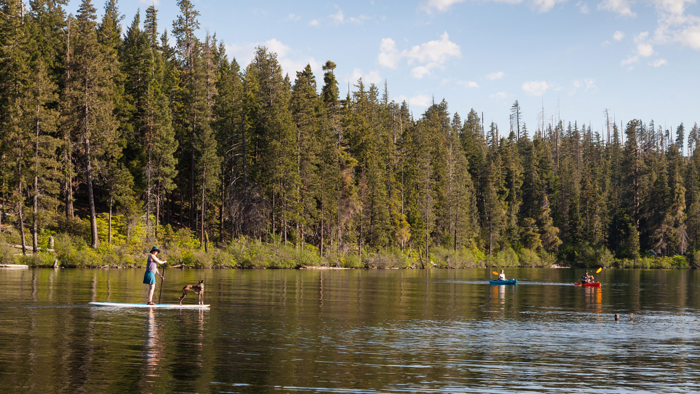 People boatind and paddle boarding on a lake.